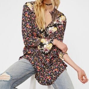 Free People Top Boho Floral Paisley Wildflower Fields Tunic Blouse Bohemian Sz S